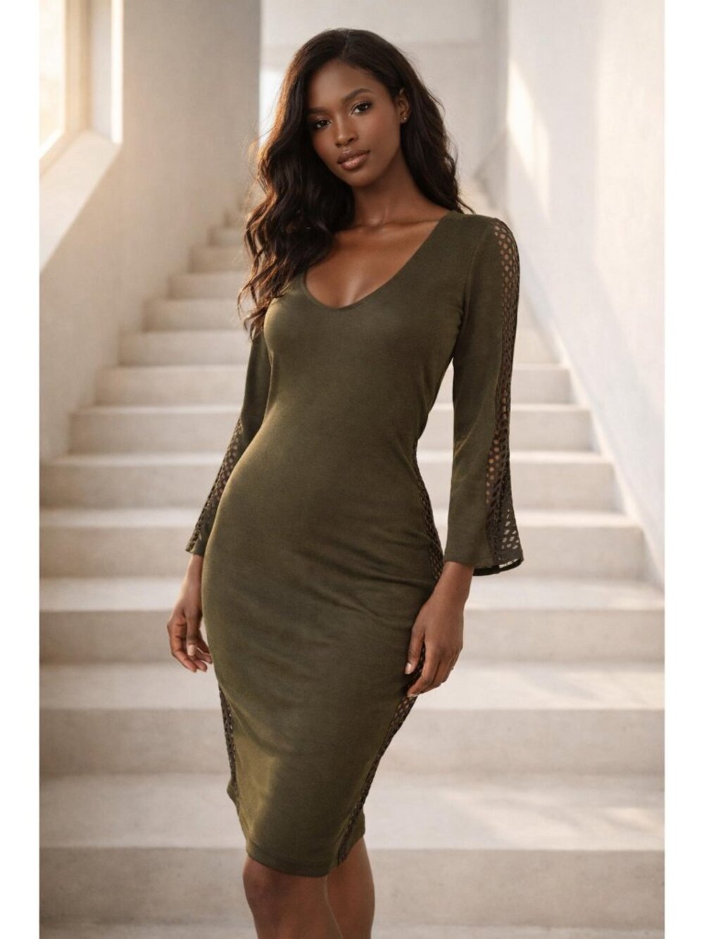 Codigo Bodycon Dress Women Medium Olive Green Long Sleeve Knee Length